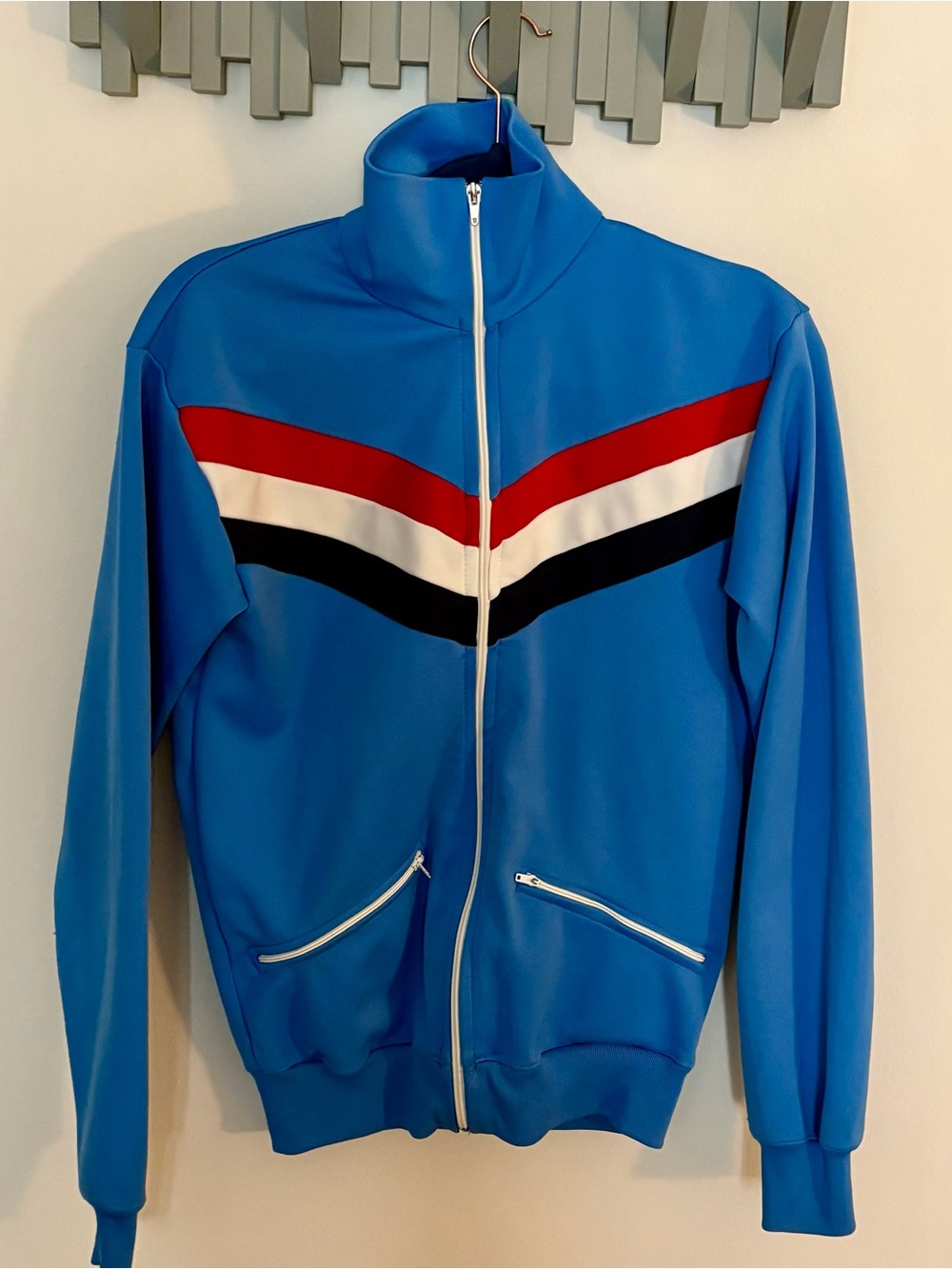 Vintage Blue Track Jacket with Red, White & Black Chevron women’s small.